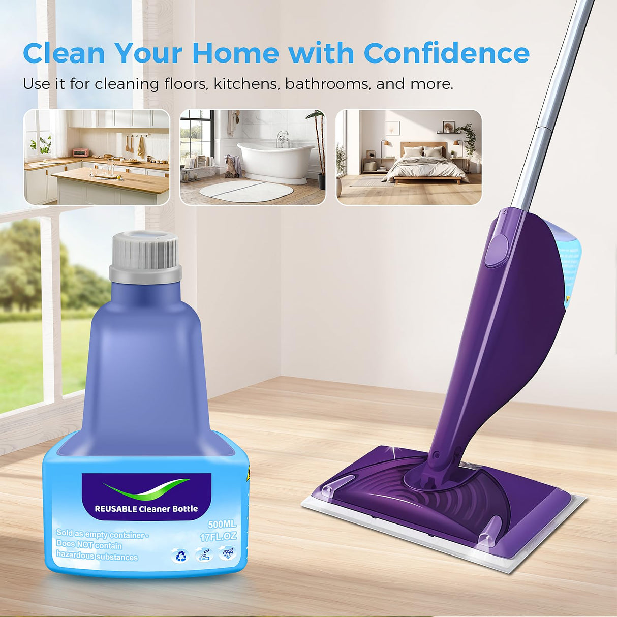 Ndoge Replacement Bottle for Swiffer® Wet Jet™ Mop, Refillable, 500 ML Leak-Proof HDPE Refillable Bottle, 17 FL OZ Solution Bottles, Empty Bottle No Cleaning Solution
