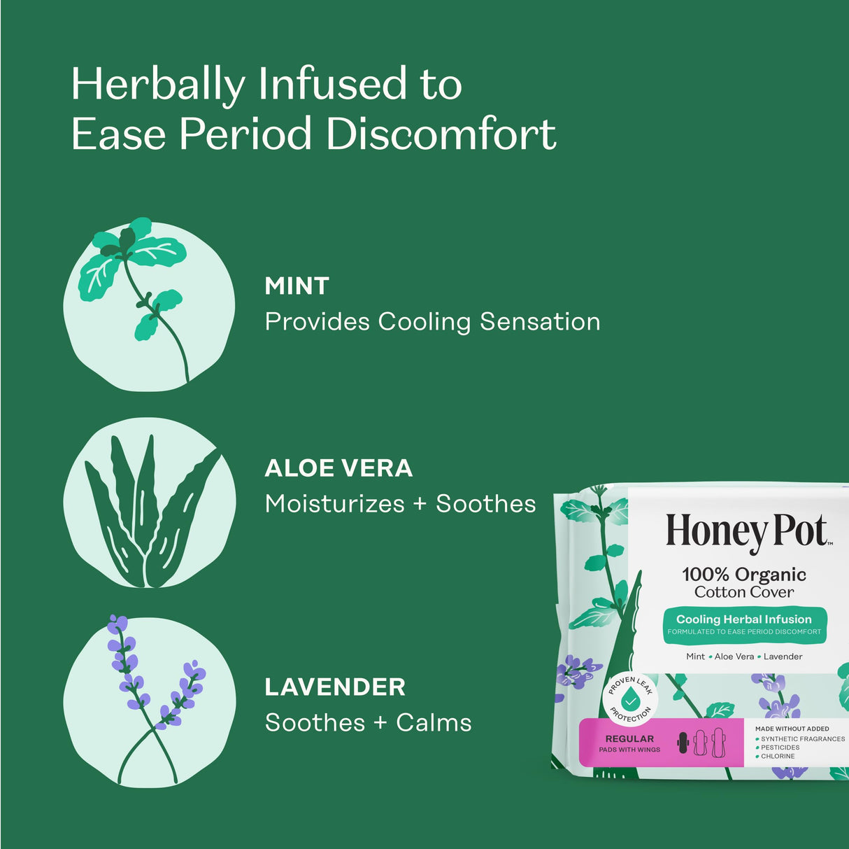 The Honey Pot Company - 80ct - Herbal Sanitary Pads for Women - Regular Flow w/Wings - Infused w/Essential Oils for Cooling Effect & Organic Cotton Cover - Feminine Care - FSA & HSA