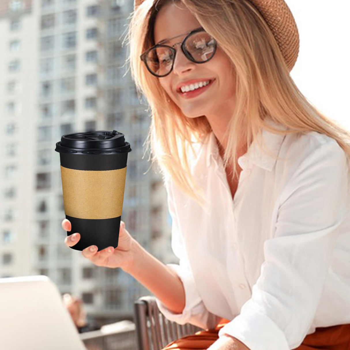 Lamosi 20 Pack 16 oz Disposable Coffee Cups with Lids and Sleeves, White Leak-Proof To Go Coffee Cups with Lids, Hot/Cold Beverage Drinking Cup for Home, Office, Hotel, Parties, Travel