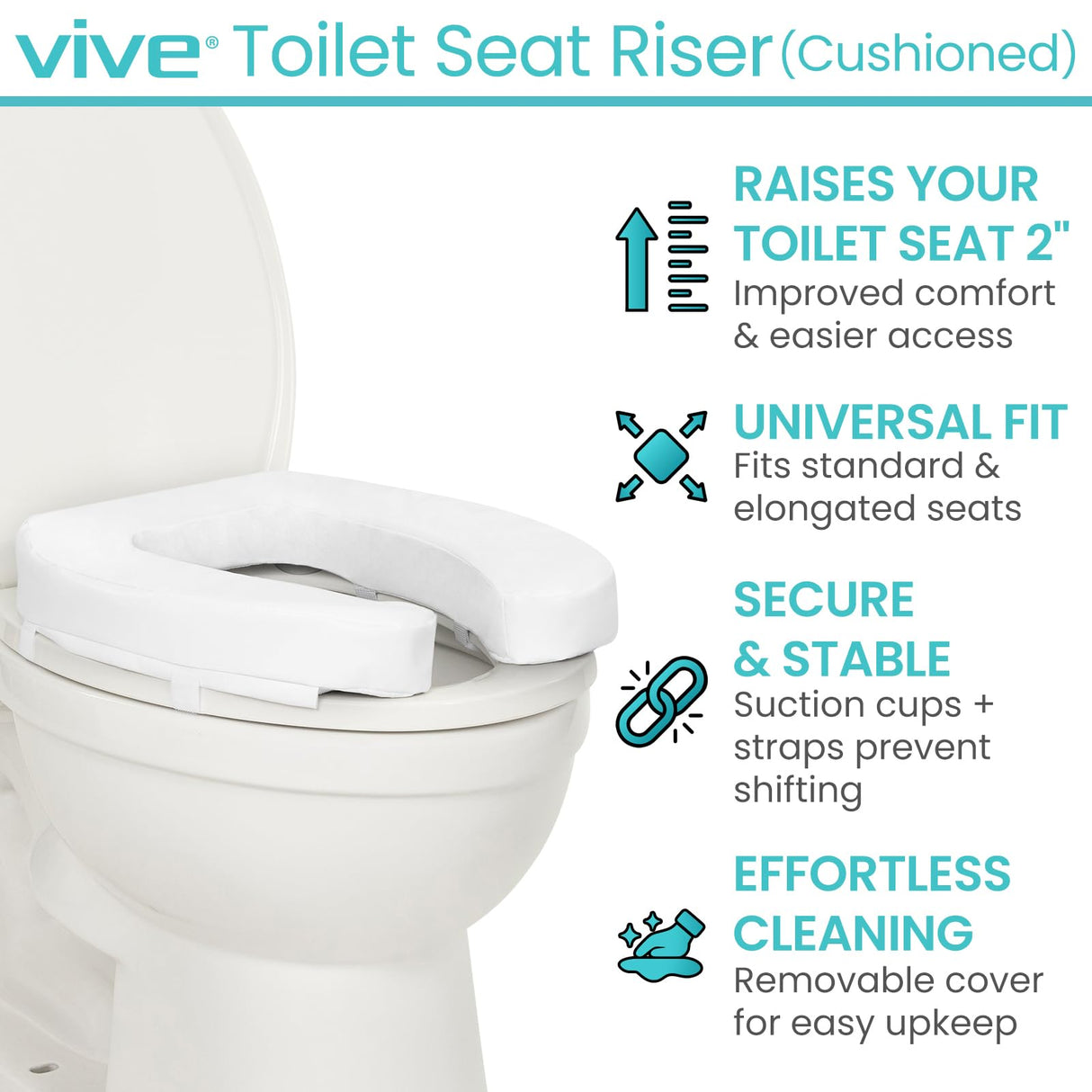 Vive Toilet Seat Riser for Seniors - Universal Fit - Raised Toilet Seat Cushion with High-Density Foam for Elongated & Standard - Firm Handle, Cushioned & Padded - Elevated Medical Handicap Lifter