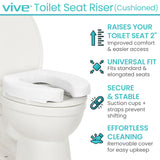 Vive Toilet Seat Riser for Seniors - Universal Fit - Raised Toilet Seat Cushion with High-Density Foam for Elongated & Standard - Firm Handle, Cushioned & Padded - Elevated Medical Handicap Lifter
