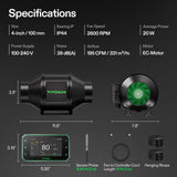 VIVOSUN G4 4" 195 CFM Inline Fan &Smart Controller, Aerozesh for IndoorGrow