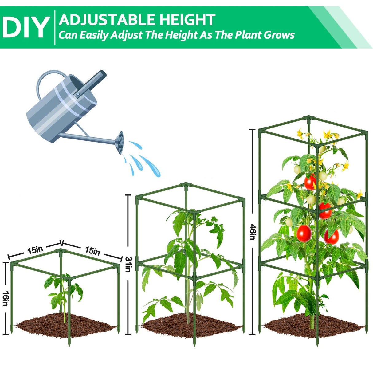 WLLEYAY 3 Pack 46'' Square Tomato Cages with 17 Gallon Grow Bags