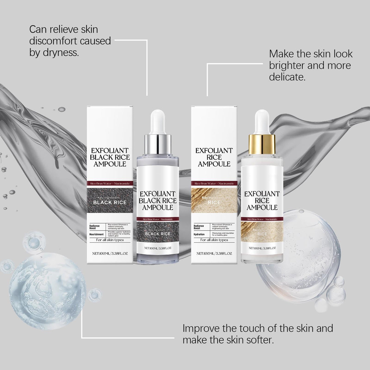 2Pcs Black and White Rice Exfoliant, Rice Ampoule Duo White Rice Ampoule Black Rice Exfoliating Peeling Solution, Moisturizing & Pore Minimizer for Face (Black & White Rice Exfoliant)