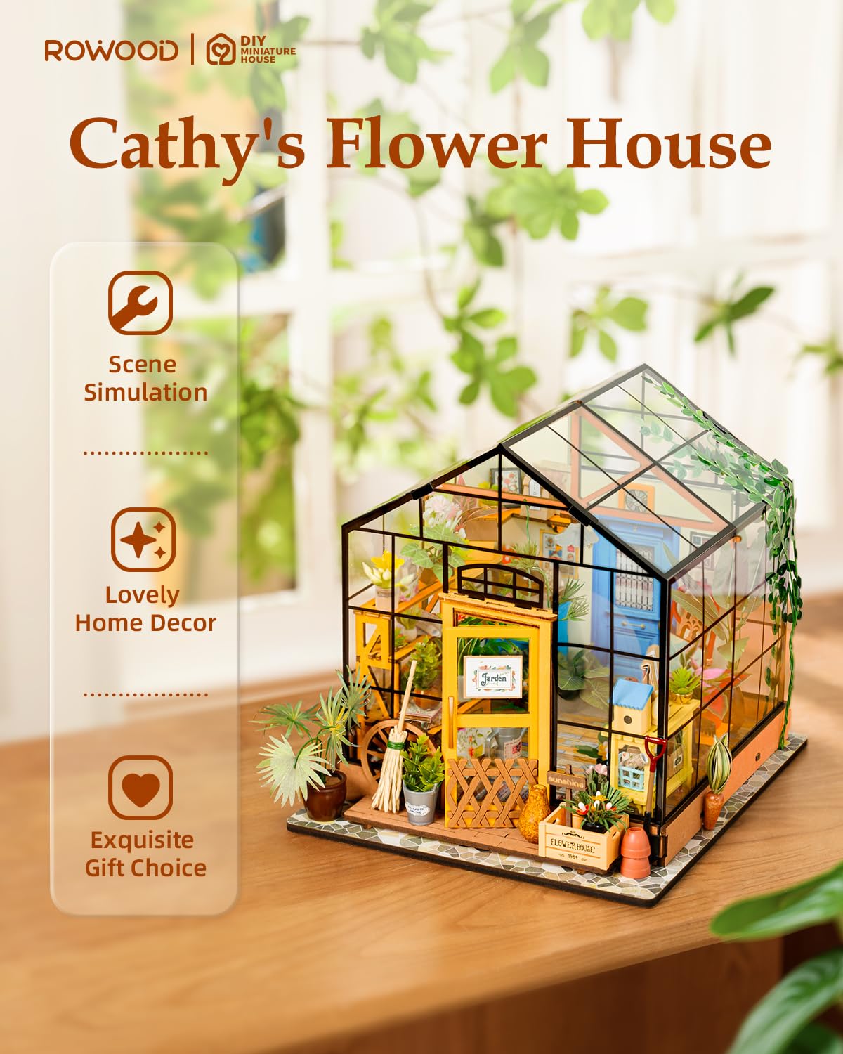 Rowood Miniature House Kit, DIY Miniature Greenhouse Dollhouse Kits for Adults, Mayberry Street Miniatures, Wooden Crafts for Adults, Gifts on Birthday Christmas - Cathy's Flower House