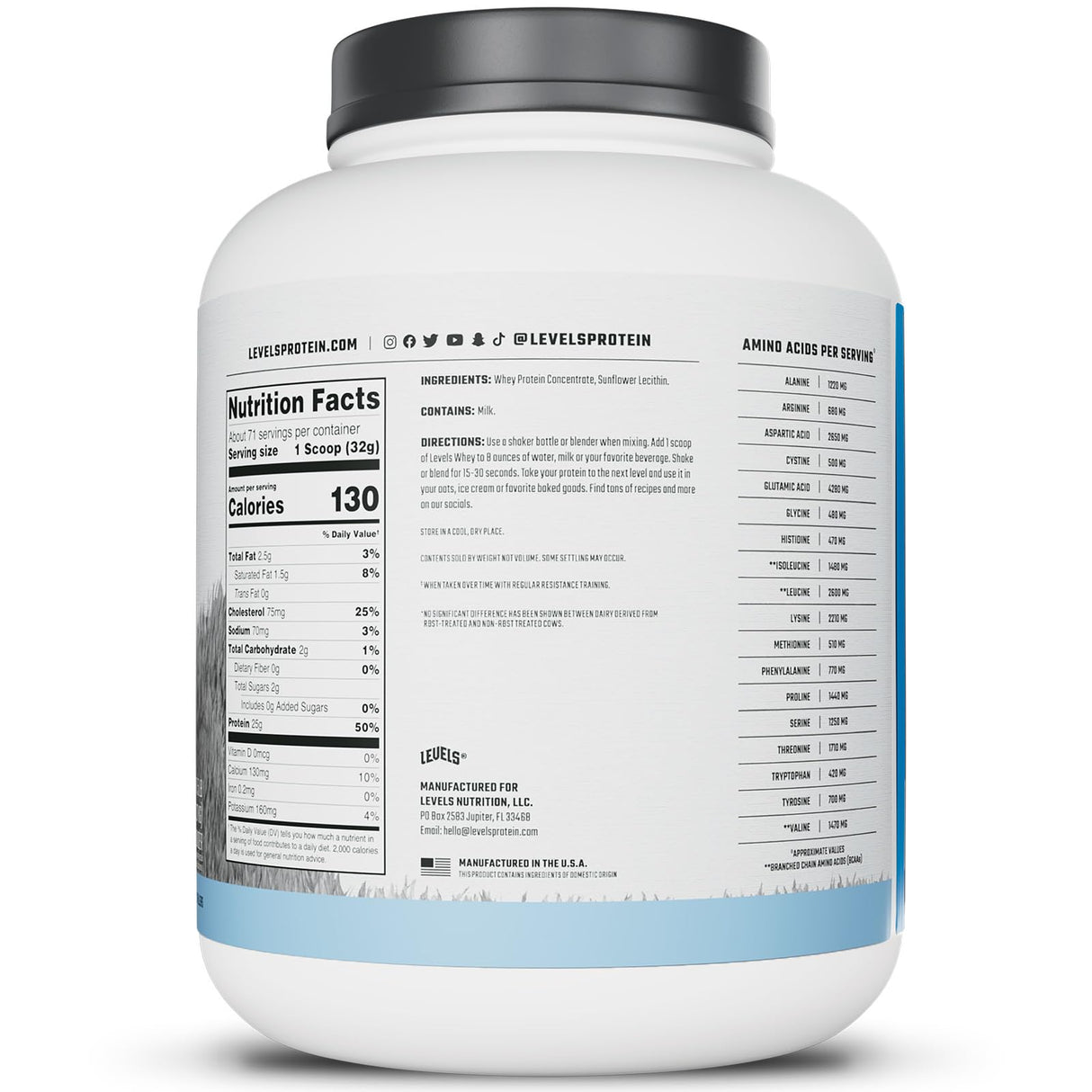 Levels Grass Fed Whey Protein Powder, No Artificials, 25G of Protein, Unflavored, 5LB