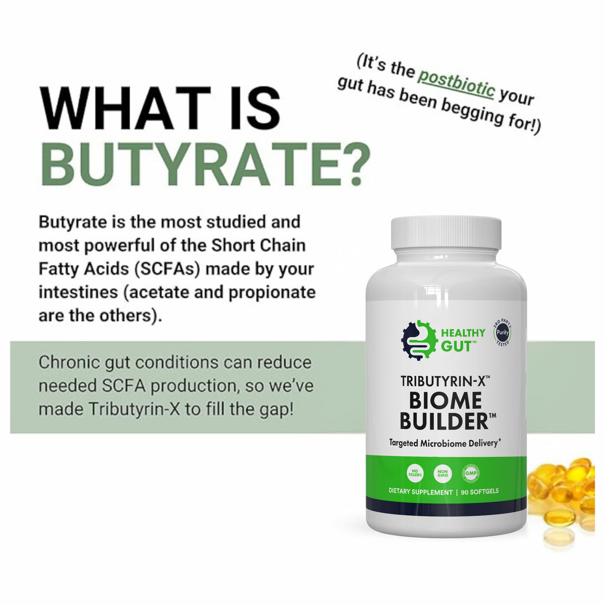 Healthy Gut Tributyrin-X | Most Bioavailable Butyrate Postbiotic for Gut Health & Leaky Gut Support | 99% Pure w/Zero Odor | 90 Softgels