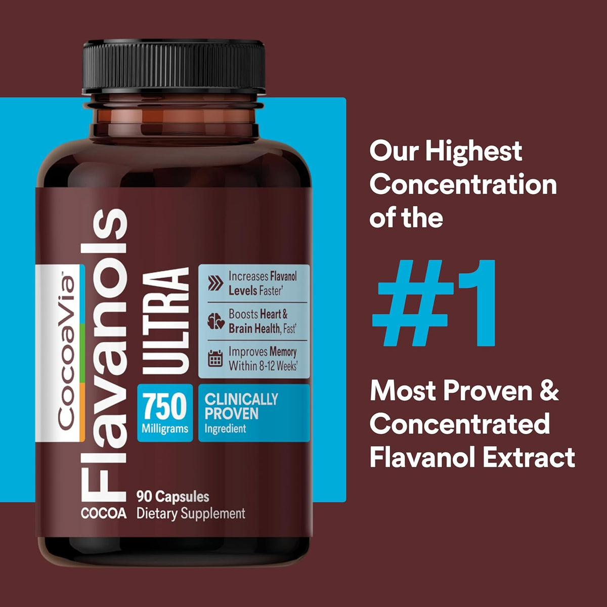 CocoaVia Memory & Focus Brain Supplement, 90 Day, Cocoa Flavanol Blend, Lutein, Added Caffeine for Boost. Improve Cognitive Function, Attention, Vegan & Plant Based, 90 Capsules