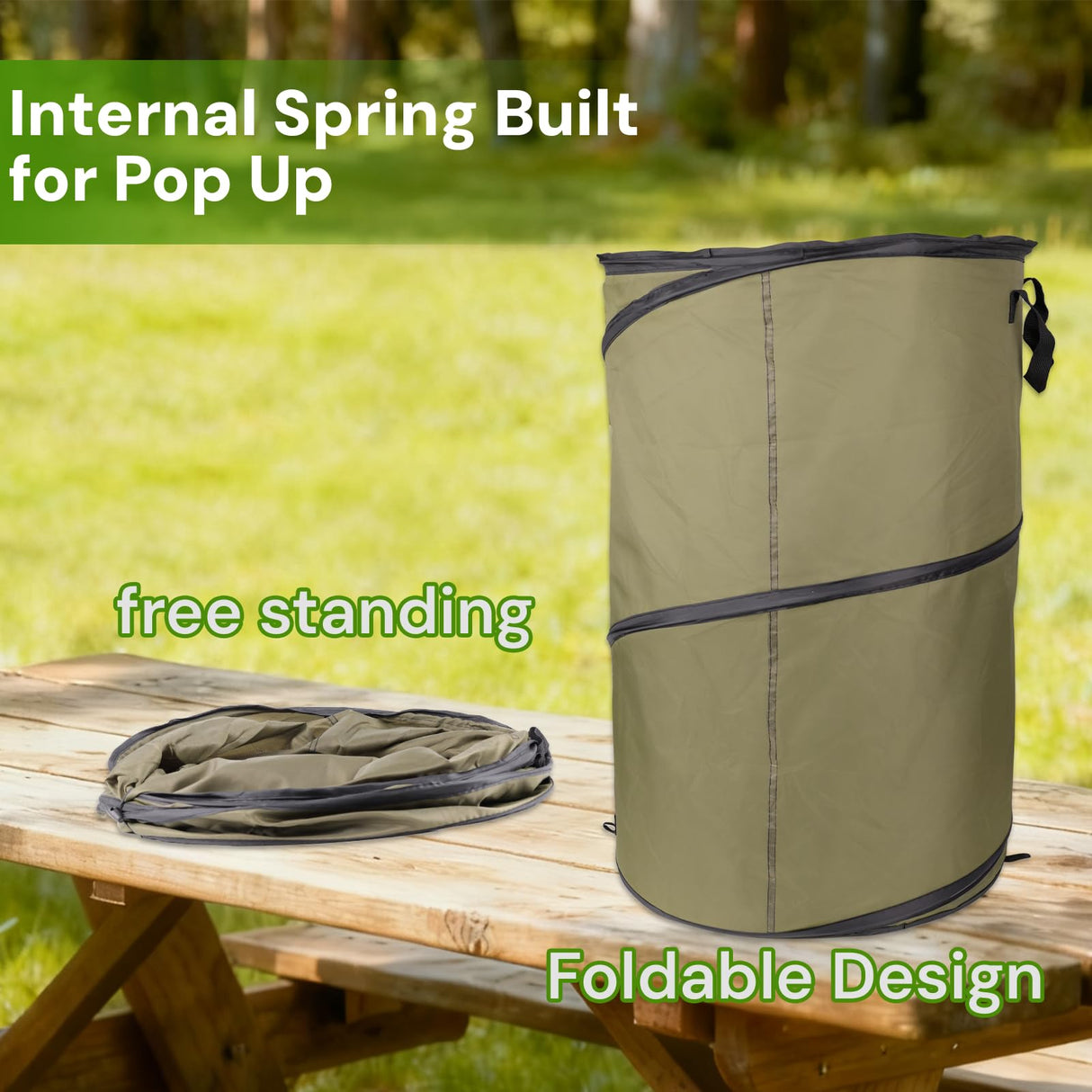 Green1Pack 30 Gallon Collapsible Pop-Up Trash Can | Reusable Garden Waste Bag for Camping, RV, Yard Work, Lawn & Leaf Cleanup, Outdoor Storage Bin
