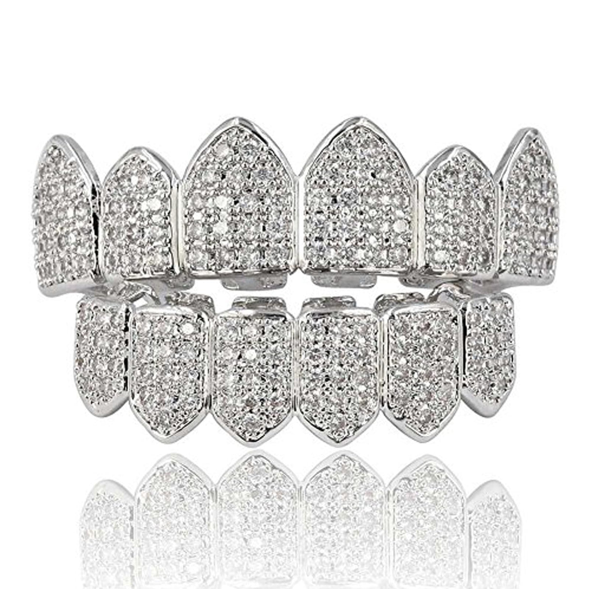 JINAO Grillz Diamond Grills for Your Teeth for Men Women 18K Gold Plated Iced Out Macro Pave Cubic Zirconia Mouth Grill with Extra Molding Bars Included(Silver Set)