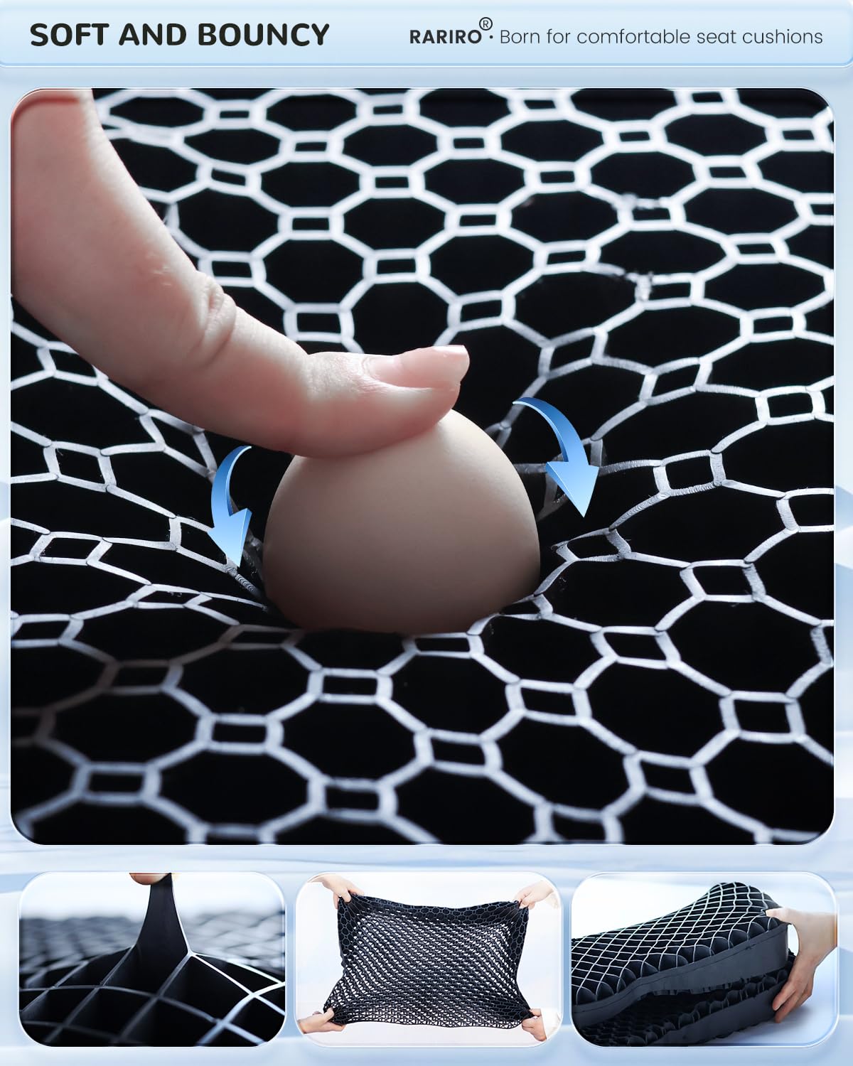 Enlarged 19.7" Gel Seat Cushion, Chair Seat Pads for Wheelchair, Gel Cushion Seat for Pressure Coccyx Sciatica Pain Relief, Egg Cushion for Car Office Chair, Cooling Cushion for Long Sitting[Black]