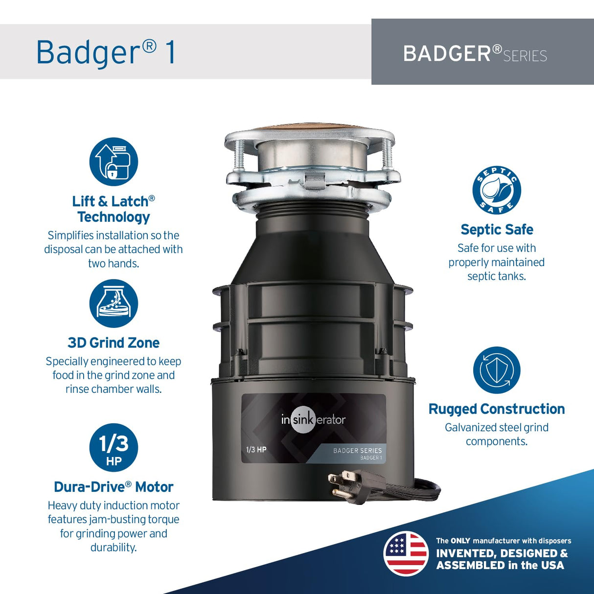 InSinkErator Badger 1 Garbage Disposal with Power Cord, Badger Series 1/3 HP Continuous Feed Food Waste Disposer