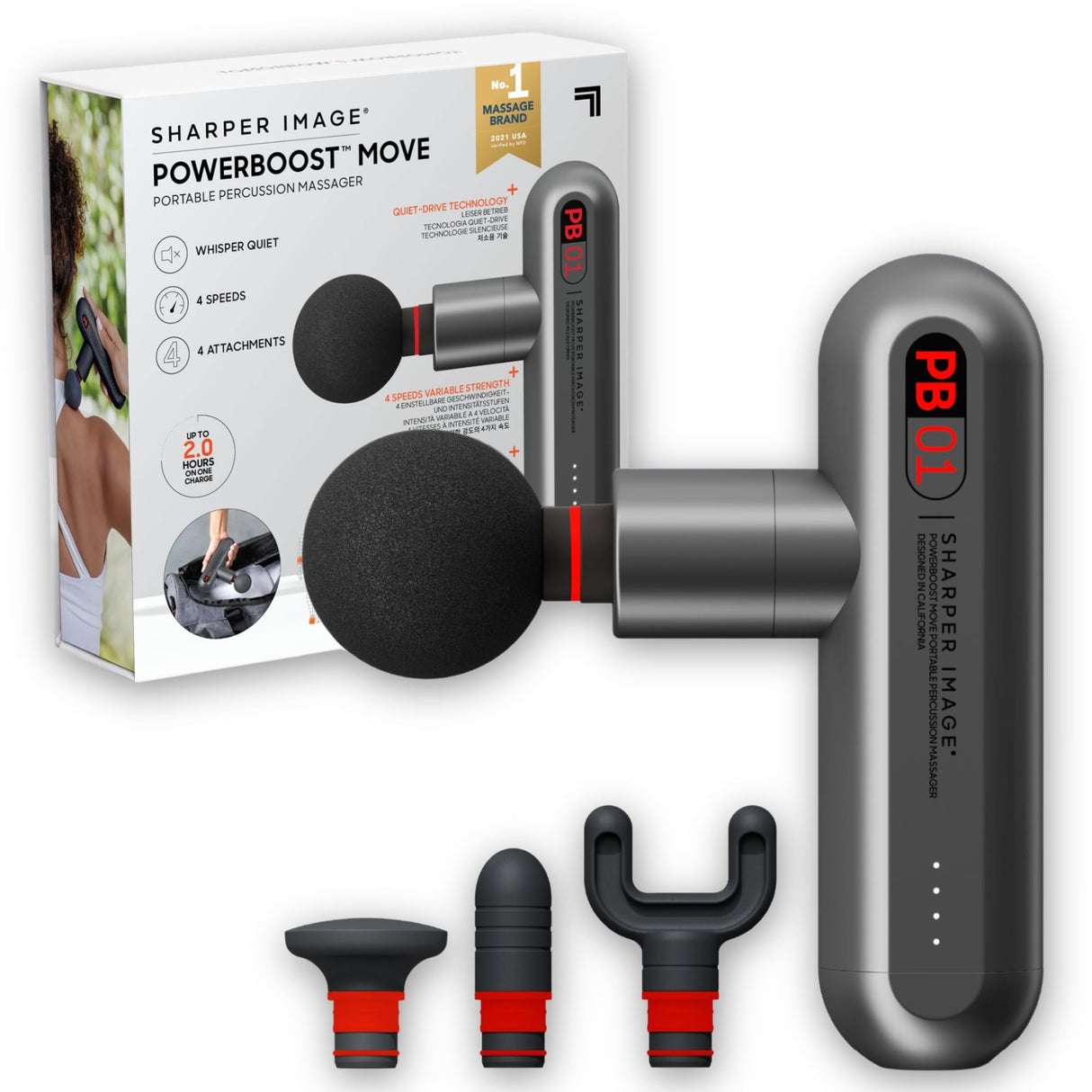 Sharper Image Powerboost Move - Portable Percussion Massage Gun with 4 Attachments, 4 Speeds| Lightweight Full Body Back & Shoulder Massager| Deep Tissue Muscle Recovery, Pain Relief & Soreness