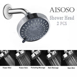 AISOSO Shower Head 2 PCS, 5 Modes High Pressure Shower Heads for Relaxed Shower Experience, 4.1 Inch Bathroom Fixed Showerhead Even at Low Water Pressure for Powerful Spray, Chrome