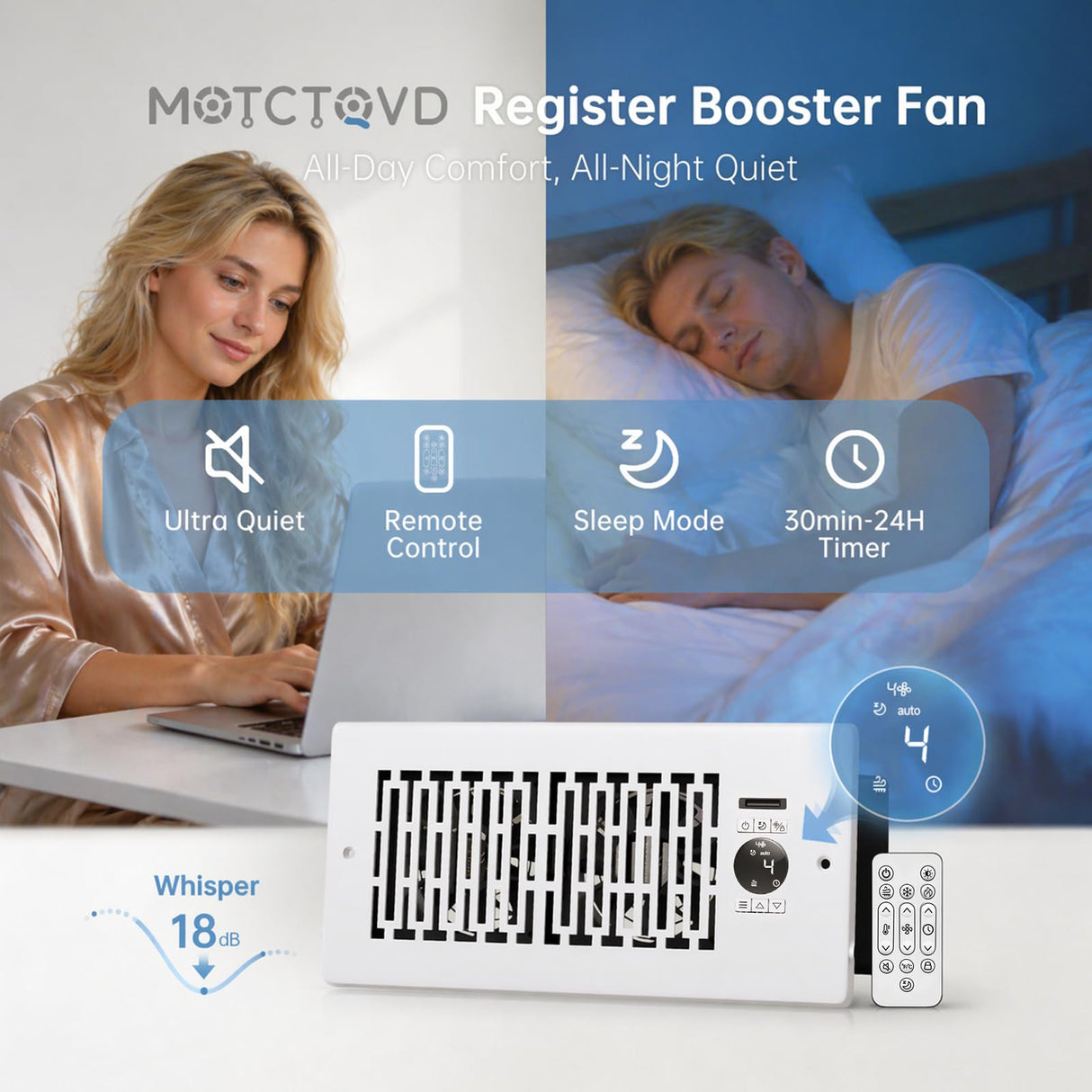 MOTCTQVD Smart Register Booster Fan for 4" x 10" Vents, Thermostat Control Improves Heating/Cooling, 10-Speed Quiet Vent Fan Booster with Remote Control for Floor or Wall Ducts