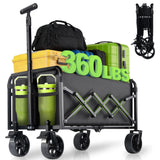 Collapsible Foldable Wagon Cart with Wheels - 360LBS Folding Utility Wagon Cart with Brakes, Lightweight Portable All-Terrain Wagons for Groceries Garden Beach Shopping Camping, 2 Cup Holders/Black