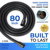 Klabb 80 Inch Extra Long Shower Hose, Matte Black Stainless Steel Shower Hose for Handheld Shower, Flexible Anti-Kink Design with 360° Reinforced PEX Inner Tube, 3.6 GPM, G1/2