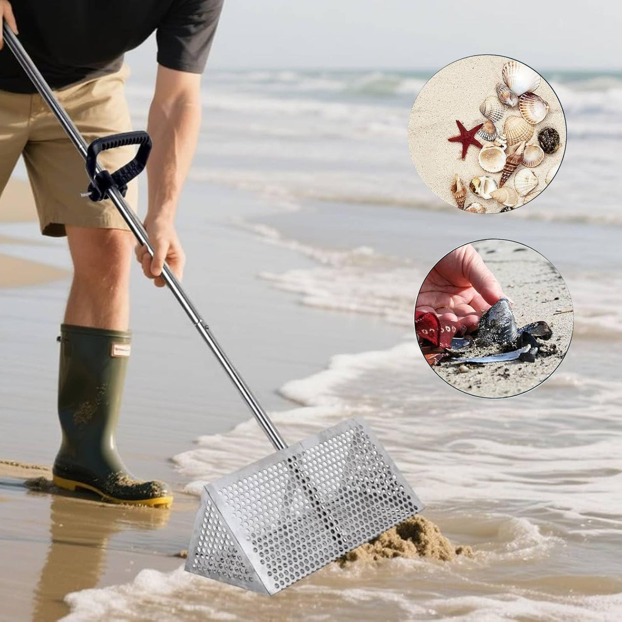 Sand Flea Rake, The Shark Tooth Screen Comes with A 16-Inch-Wide Drain Screen with A 51-Inch Handle, Detachable Sand Flea Rake, Shark Tooth Screen (Water Bucket not Included)