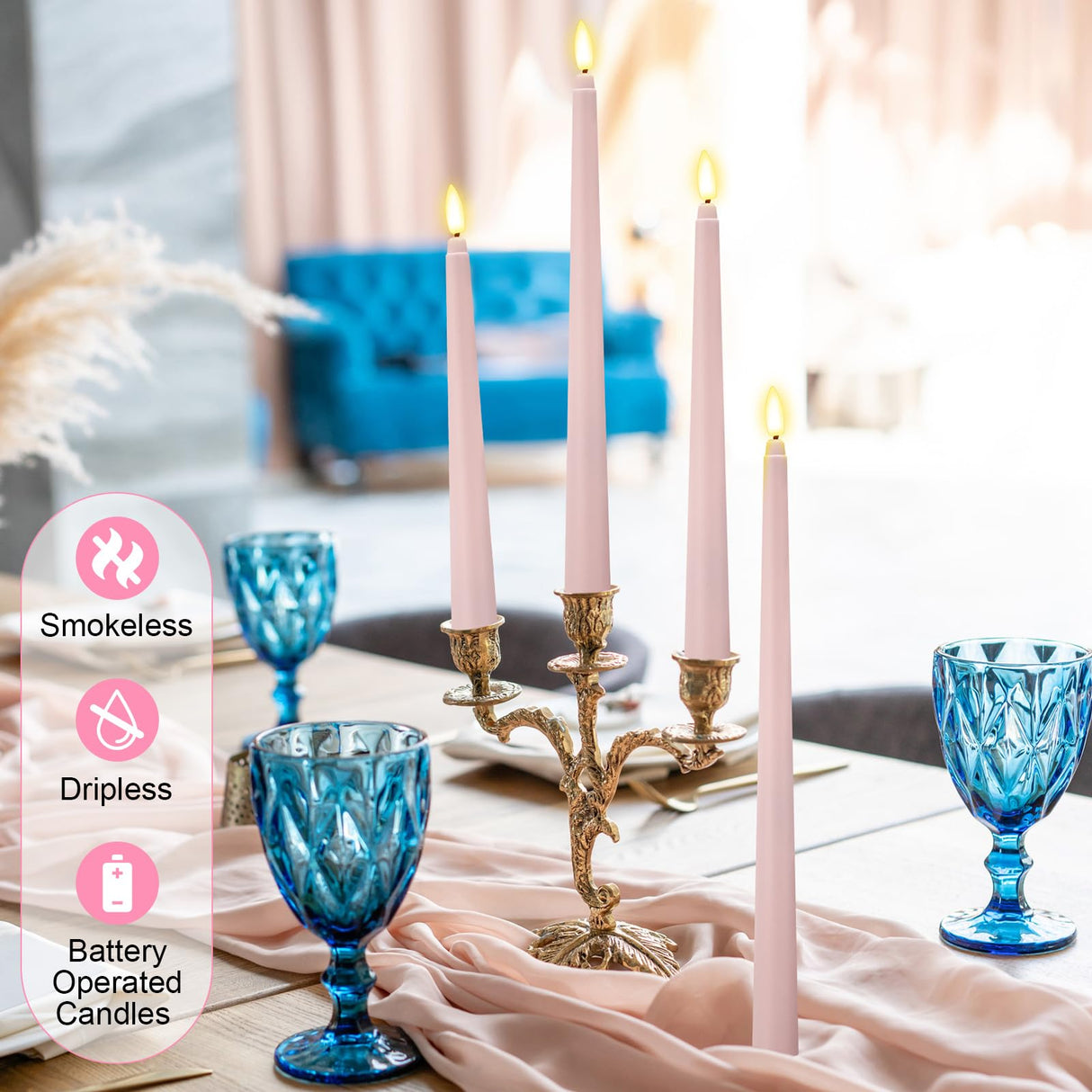 Rossesay 24 Pcs Flameless LED Taper Candles Battery Operated Candles 8.58'', 9.69'', 10.98'', 12.91'', 12.8'' Flameless Candlesticks Flickering for Halloween Christmas Church Wedding(Dusty Pink)