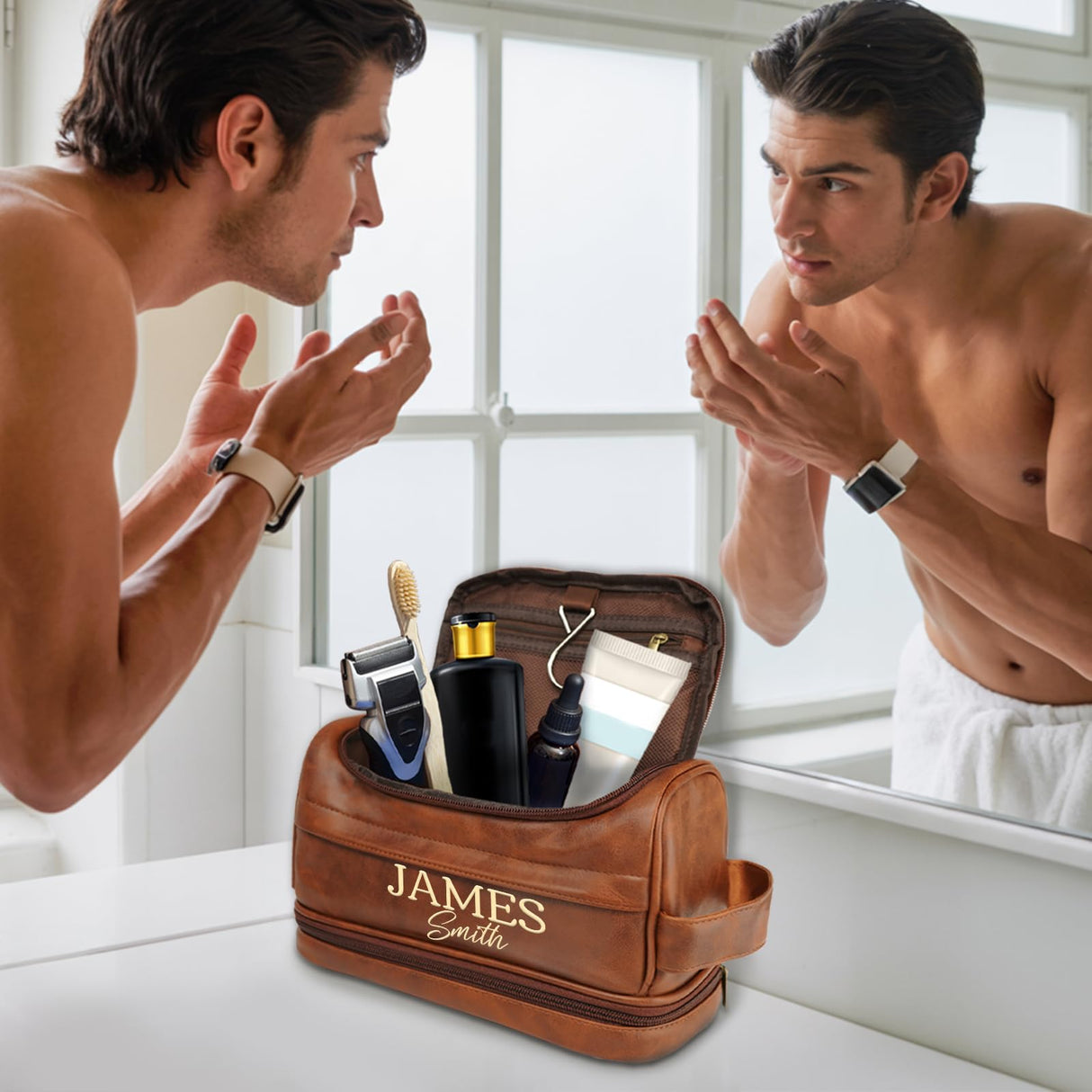 Personalized Toiletry Bag for Men, Gifts for Men, Christmas, Custom Leather Travel Shave Kit Cosmetic Hygiene Bag, Engraved Pattern Text, Ideal for Him, Dad, Groomsmen, Birthday, Anniversary, Father