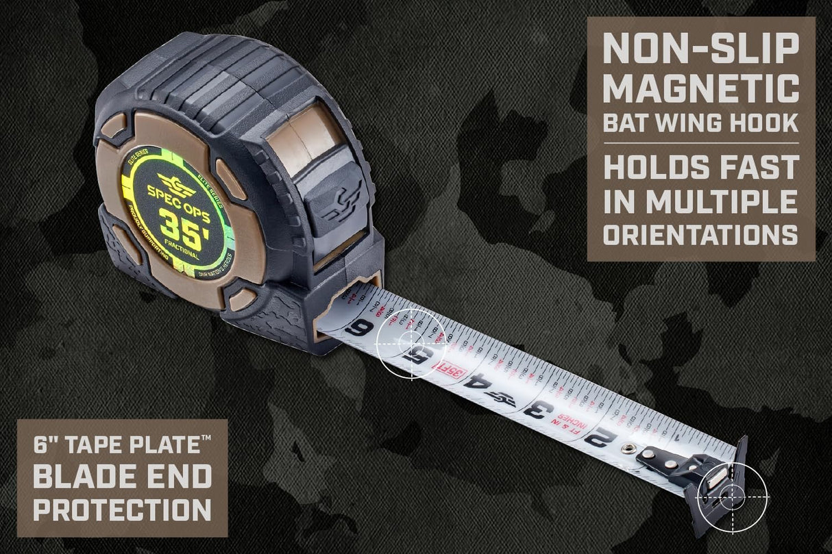 Spec Ops Tools Elite Series Tape Measure for Measuring & Layout, 1 1/4" Double-Sided Blade, Heavy Duty Military-Grade Composite Case, 35 Foot Magnetic + Fractional