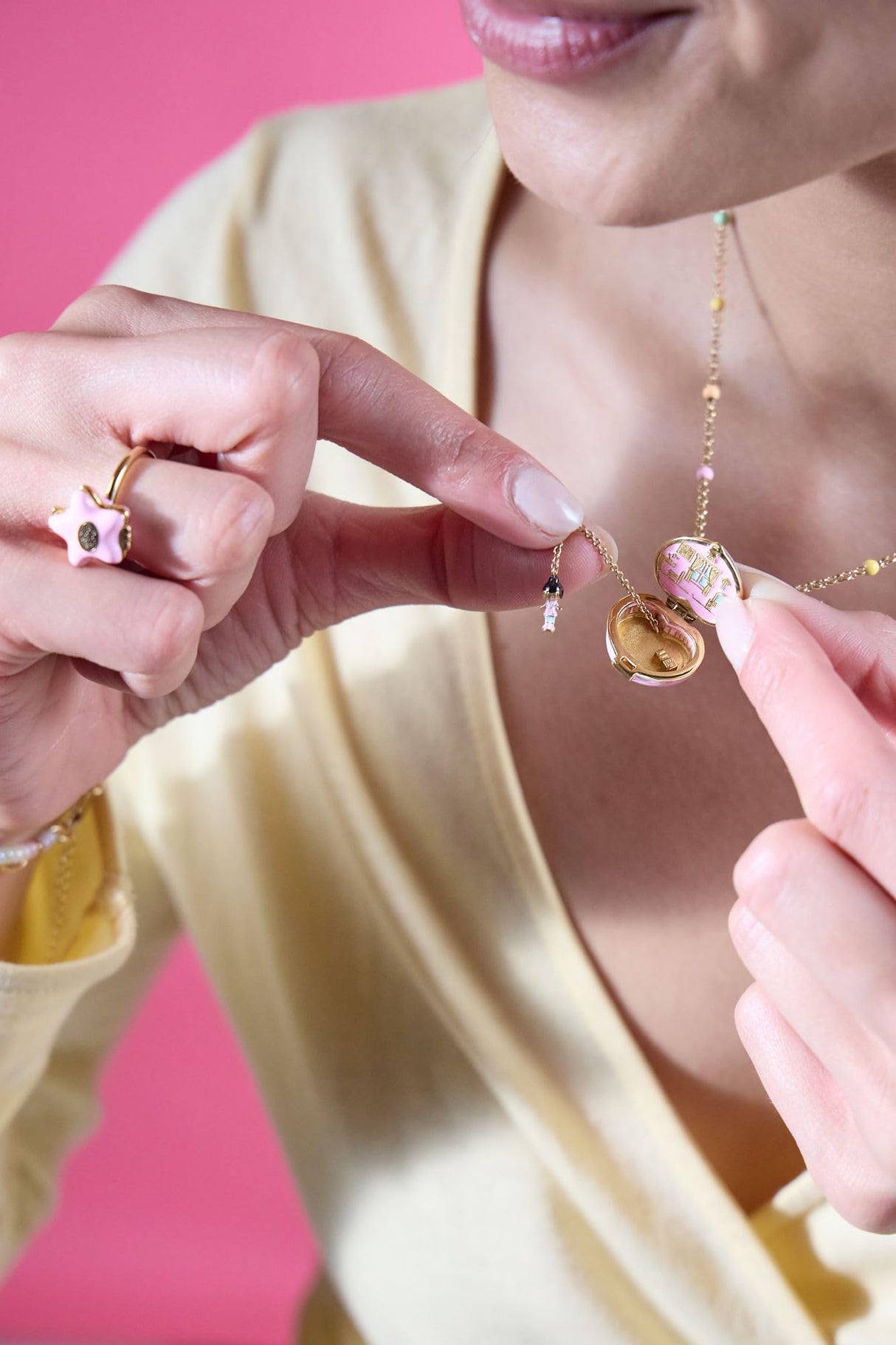 Alex and Ani Polly Pocket™ Locket Ring - Pink Star-Shaped Top with 'Tiny and Cute' Quote, Pastel Enamel Gold Finish Nickel-Free, Ideal for Polly Pocket™ Fans