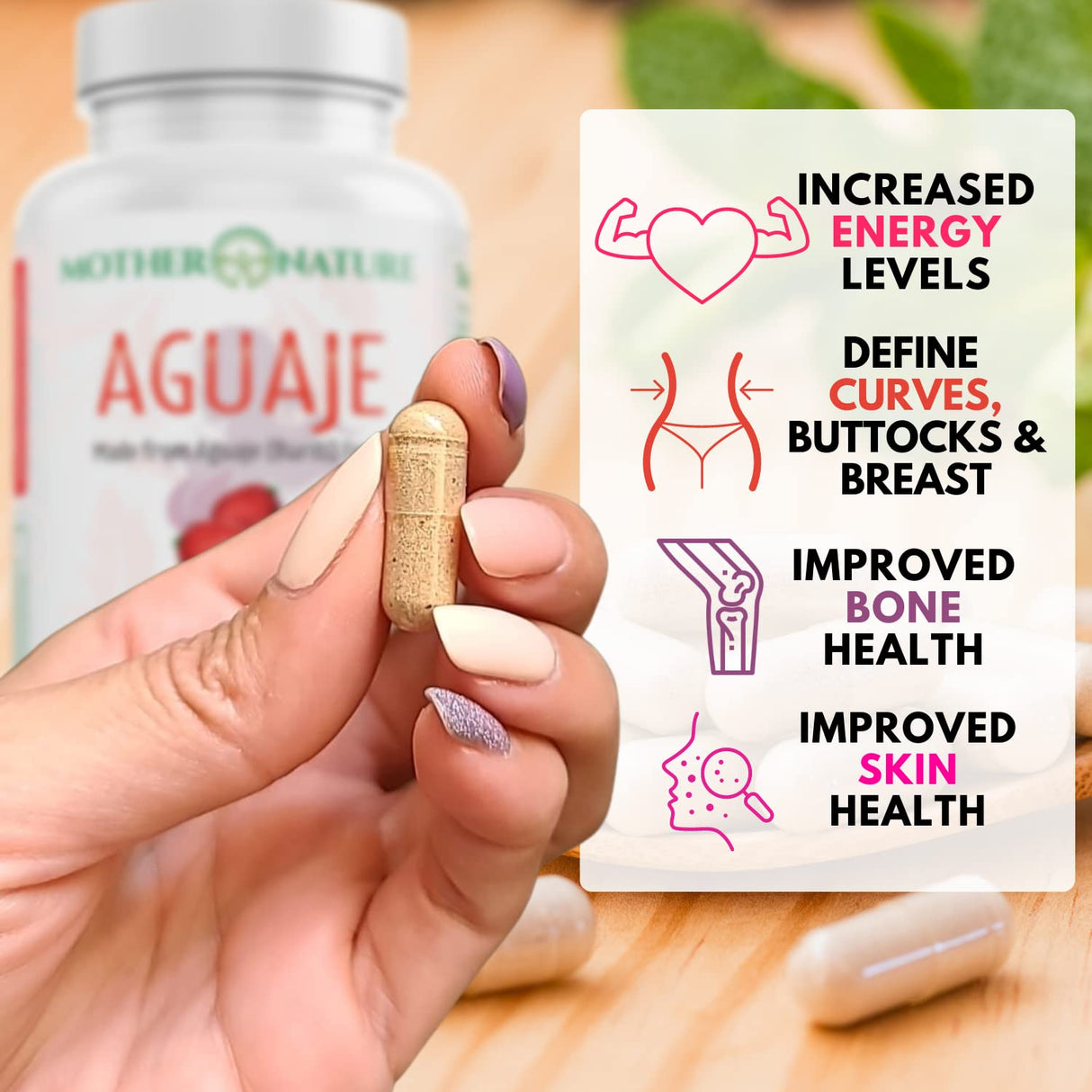 Mother Nature Aguaje Curves Capsules for Women, 1000mg (120ct), Natural & Sustainably Sourced Aguaje Fruit from Peru for Female Health, Hormone Balance, Curve Enhancer, Vegan, Non-GMO & Gluten-Free