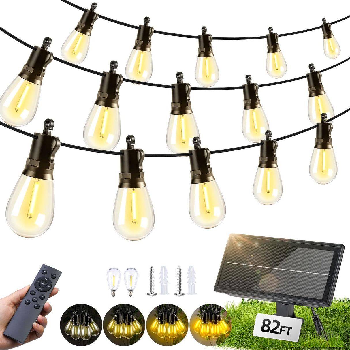 FUANXIEI Solar Lights Outdoor Patio Lights: S14 25M 82FT Solar Powered Remote Control 3 Light Modes Dimmable Solar Waterproof Light - Shatterproof Bulbs - Camping Backyard Garden Deck Outside Yard