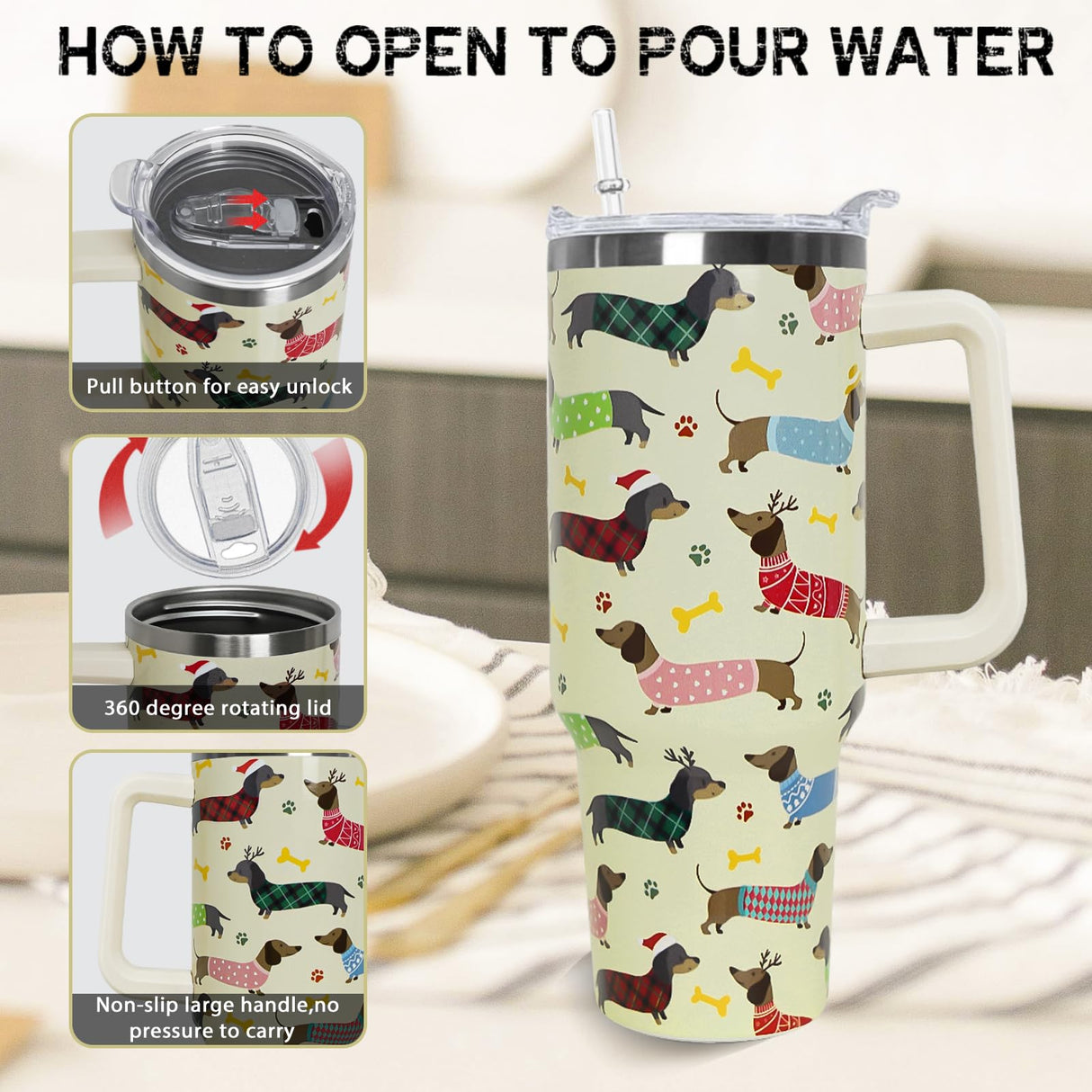 Nqhsionv Dachshund Tumbler with Handle and Straw 40 oz Christmas Cup Weiner Dog Coffee Travel Mug Stainless Steel Insulated Water Bottle Xmas Christmas Decor Gifts for Women