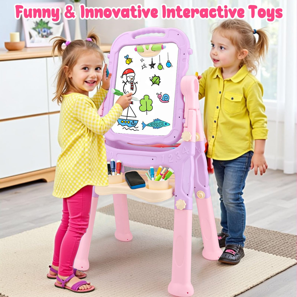 Kids Easels for Toddlers 2-4 Double Sided Kids Art Easel with Magnetic White Board Chalk Board Adjustable Stand Drawing Painting Easel Learning Toys 2 3 4 Year Old Girl Birthday Christmas Gifts Pink