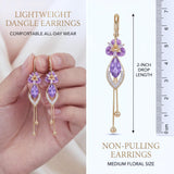 14K gold plated Purple Flower Dangle Chandelier Drop Earrings for Women Hypoallergenic Cubic Zirconia Elegant Statement Jewelry Gifts