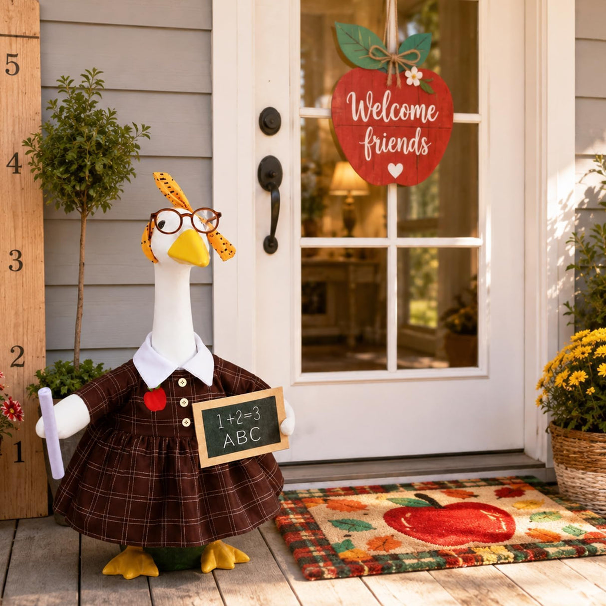 23" Back to School Porch Goose Outfits Teacher Lawn Costume Goose Costume Set Chalkboard Dress Glasses Porch Geese Costumes First Day of School Decoration for Garden Yard Patio Statue Supplies