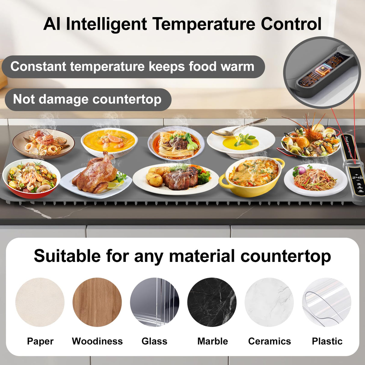 Extra Large Warming Mat for Food XXL:40”X15” Soft Electronic Food Warmers for Parties Buffet Silicone Food Warming Mat 6-Level Timer 9-Level Temp Control 18H Auto-Off 8S Fast Heating Grey