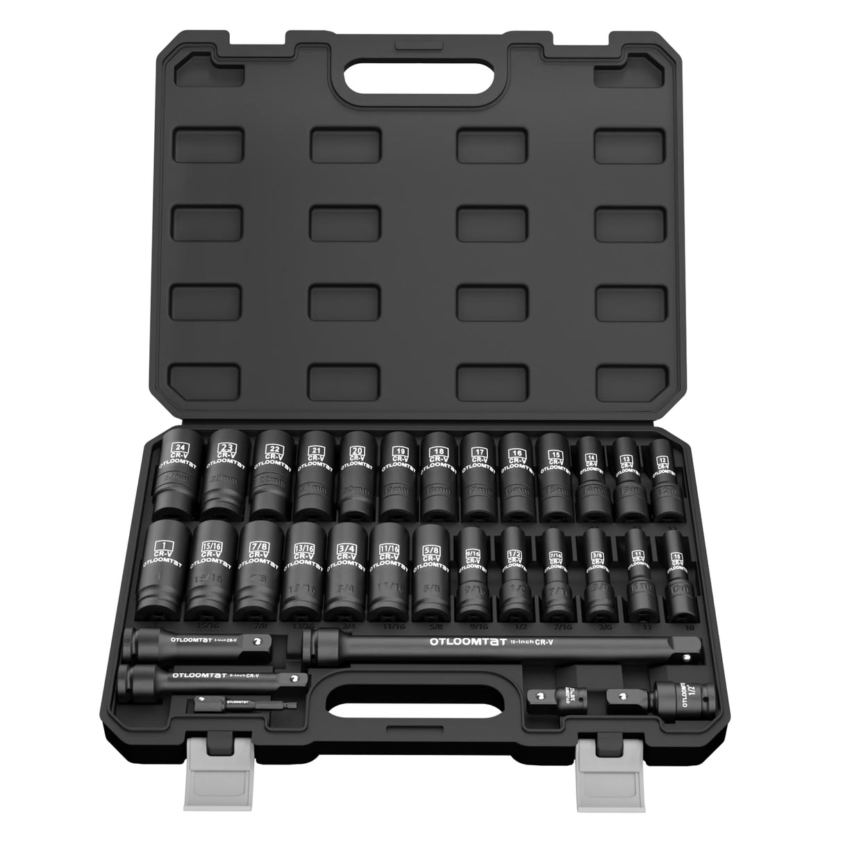 OTLOOMTBT 32PCS 1/2" Drive Impact Socket Set - Heavy Duty Industrial-Grade Deep Sockets, Metric/SAE Full Set with Extension Bar, Cr-V Steel Corrosion-Resistant Coating & Premium Storage Case