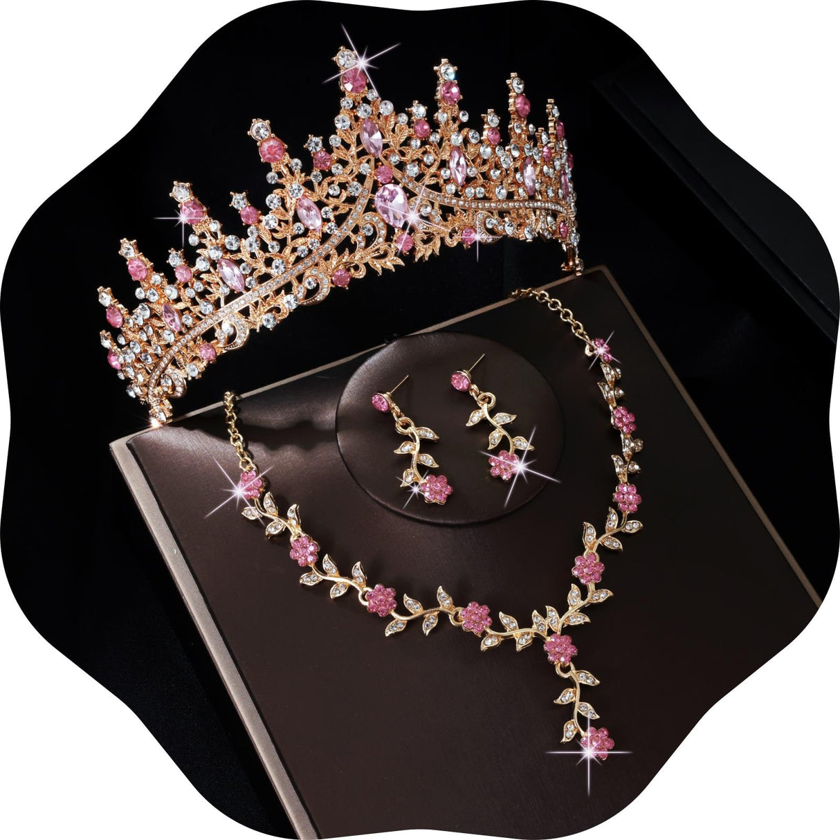 Kamirola Tiaras and Crowns for Women,Tiaras Earrings Necklace, Crystal Bridal Jewelry Set (Gold Pink)
