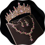 Kamirola Tiaras and Crowns for Women,Tiaras Earrings Necklace, Crystal Bridal Jewelry Set (Gold Pink)