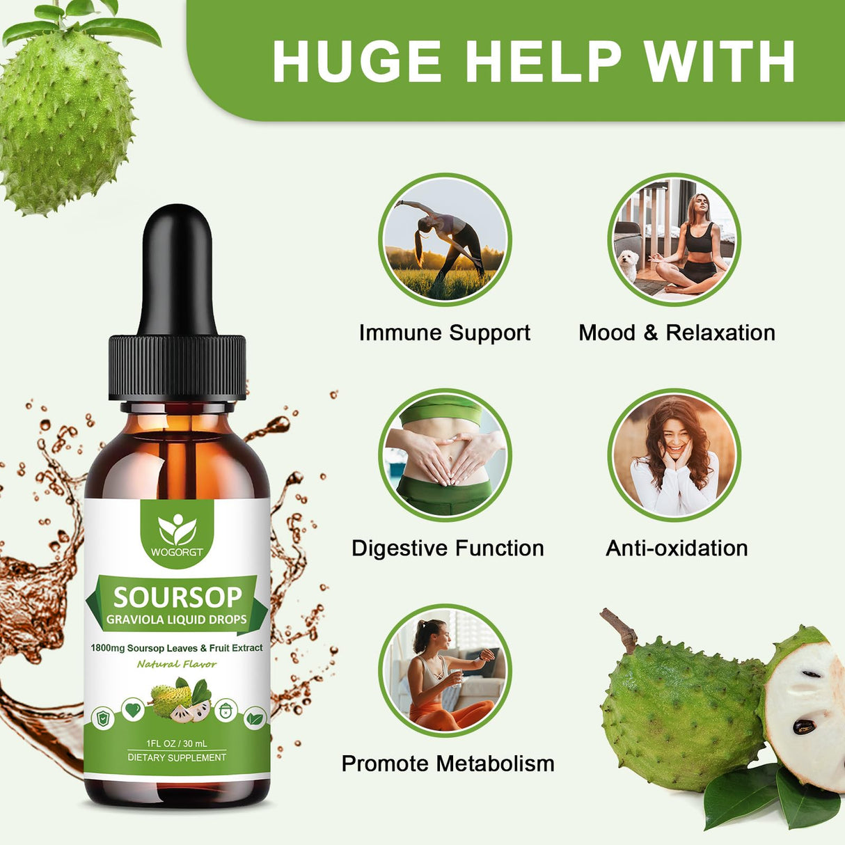 (2 Pack) Soursop Graviola Liquid Drops - 1800mg Soursop Extract - High Absorption Sour sop Bitters Liquid for Cell Support & Regeneration, Immune Support, Antioxidant, Relaxation, Sugar Free - 1 Fl Oz