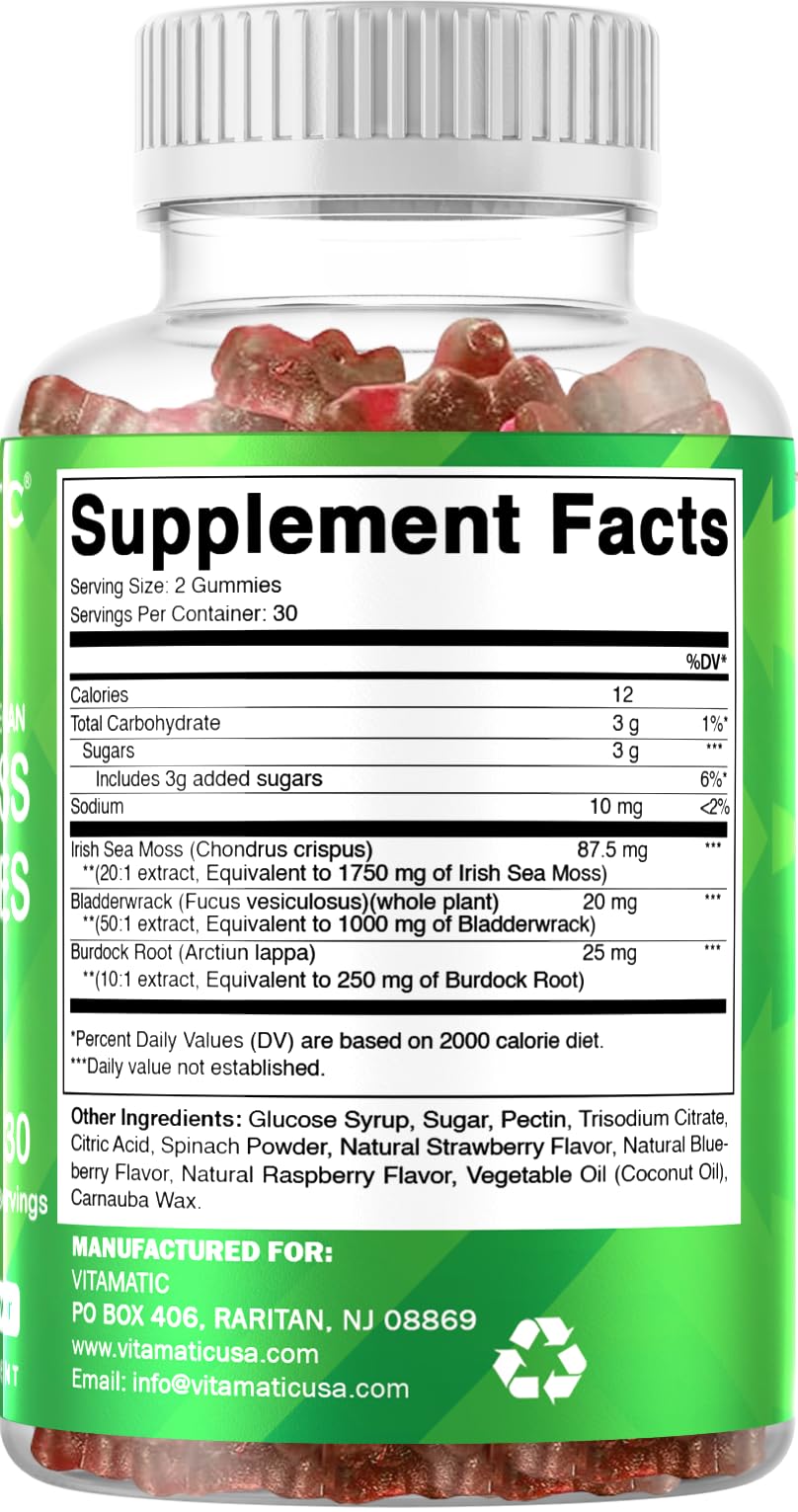 Vitamatic 3 Pack Irish Sea Moss Gummies- 3000mg Equivalent Per Serving (from Extract 132.5 mg) - 60 Ct - Made with Bladderwrack & Burdock Root - Seamoss Supplement for Thyroid, Energy, Immune Support
