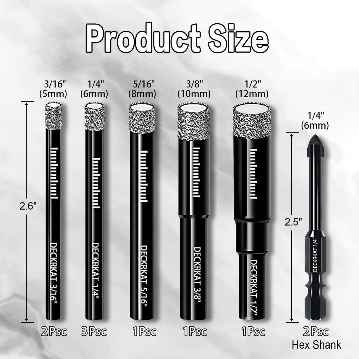 DECKRKAT 10-Piece Dry Diamond Drill Bits & TileDrill Bits - 3/16"(x2), 1/4"(x3), 5/16", 3/8", 1/2" + 1/4"(x2) Masonry Bit for Tile,Ceramic, Porcelain,Marble,Granite.