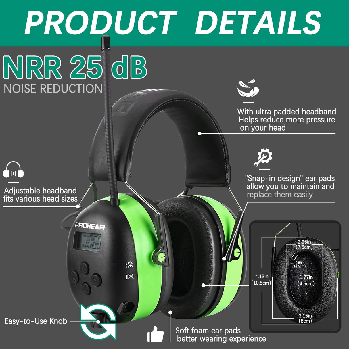 PROHEAR 033 Upgraded 5.4 Bluetooth Hearing Protection AM FM Radio Headphones, Noise Reduction Safety Earmuffs with Rechargeable 2000mAH Battery, 31dB SNR Ear Protector for Mowing Lawn,Gifts for Father