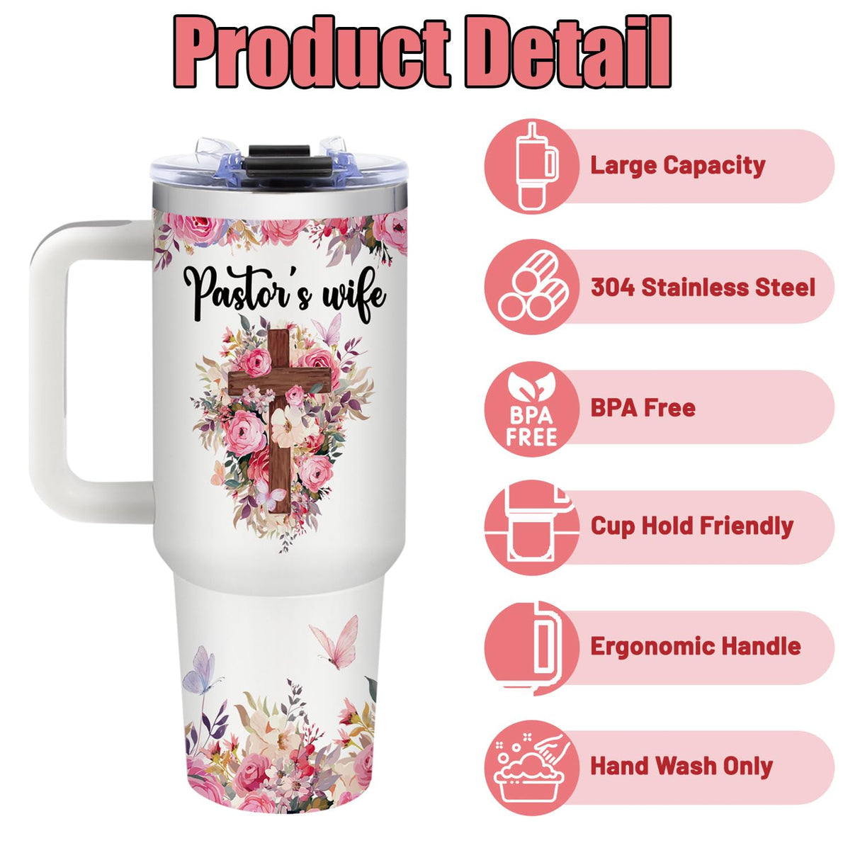 Pastor Appreciation Gifts - Pastor Wife Tumbler with Handle - 40oz Stainless Steel Travel Mug Insulated Coffee Cup, Pastor Gifts for Women, Appreciation Gift for Pastors Wife Birthday, Christmas