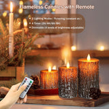 VEEKI Flameless Candles Lights, Set of 3 Battery Operated Flickering Flameless Candles with Remote & Timer, Dimmable LED Pillar Candles, Pine Bark Electric LED Candles for Christmas Winter Home Decor