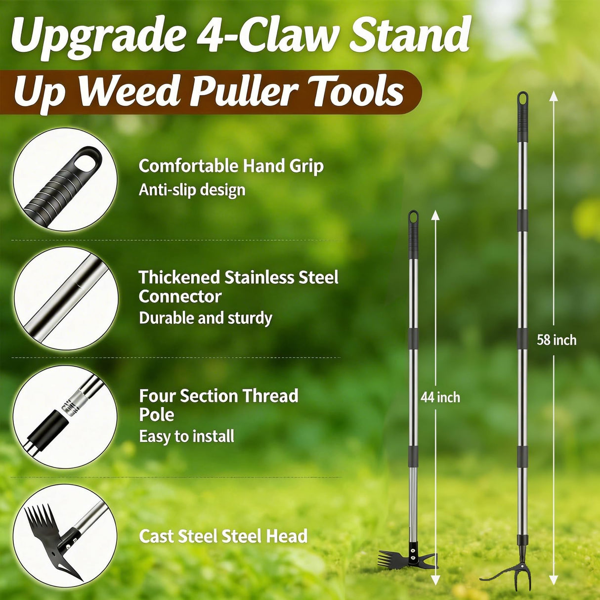 KINFIDTOW 58" Stand Up Weed Puller Tool with Long Handle, 2 in 1 Manual Weeder & Garden Hoe, 4-Claw Steel Head Weed Remover with Gloves for Yard Lawn Patio Garden