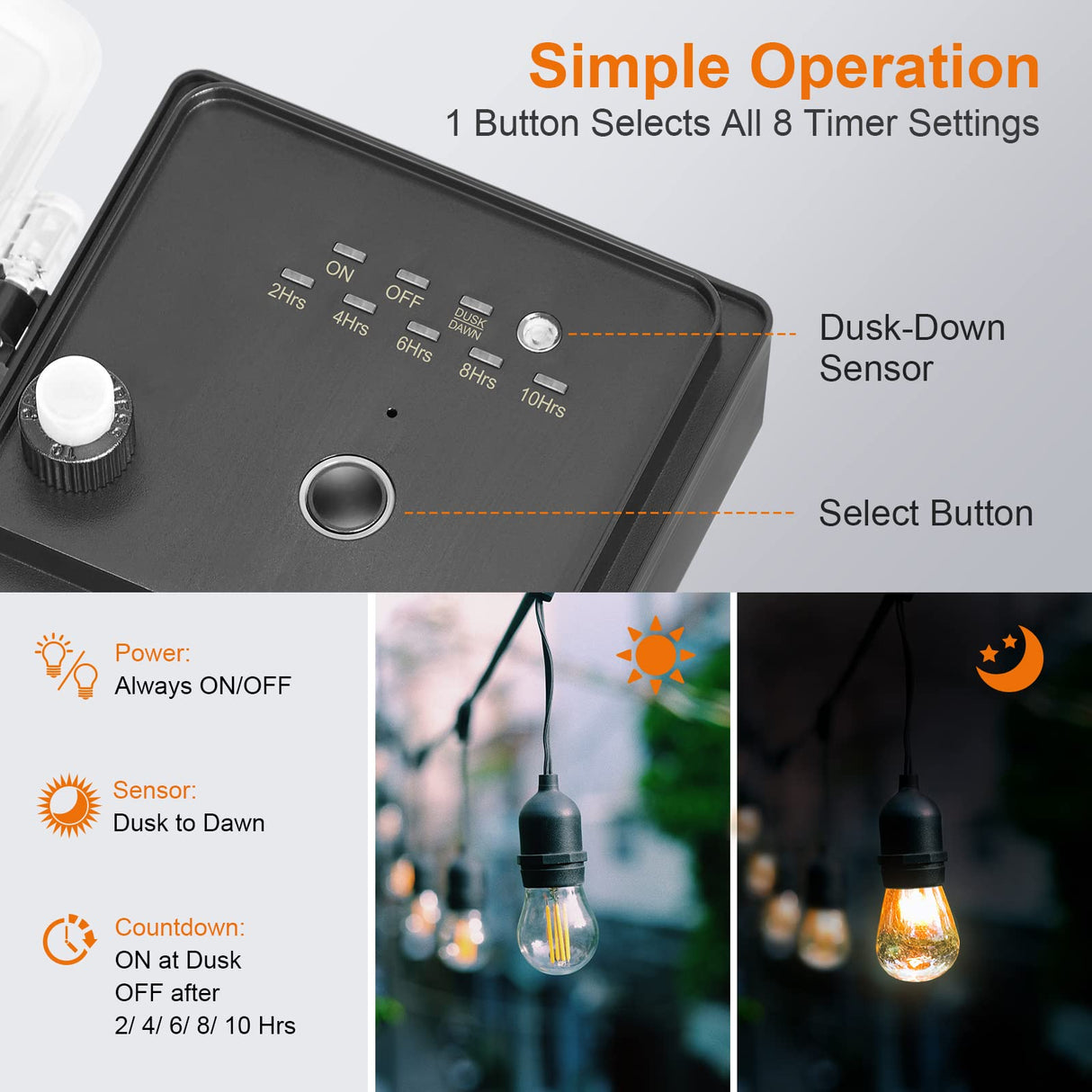 SURAIELEC Outdoor Power Stake Light Timer, Dusk to Dawn, 6 Electrical Outlet Power Strip Weatherproof, 6FT Extension Cord Multiple Outlet for Patio Lights, Sprinkler, Garden, Christmas Decorations