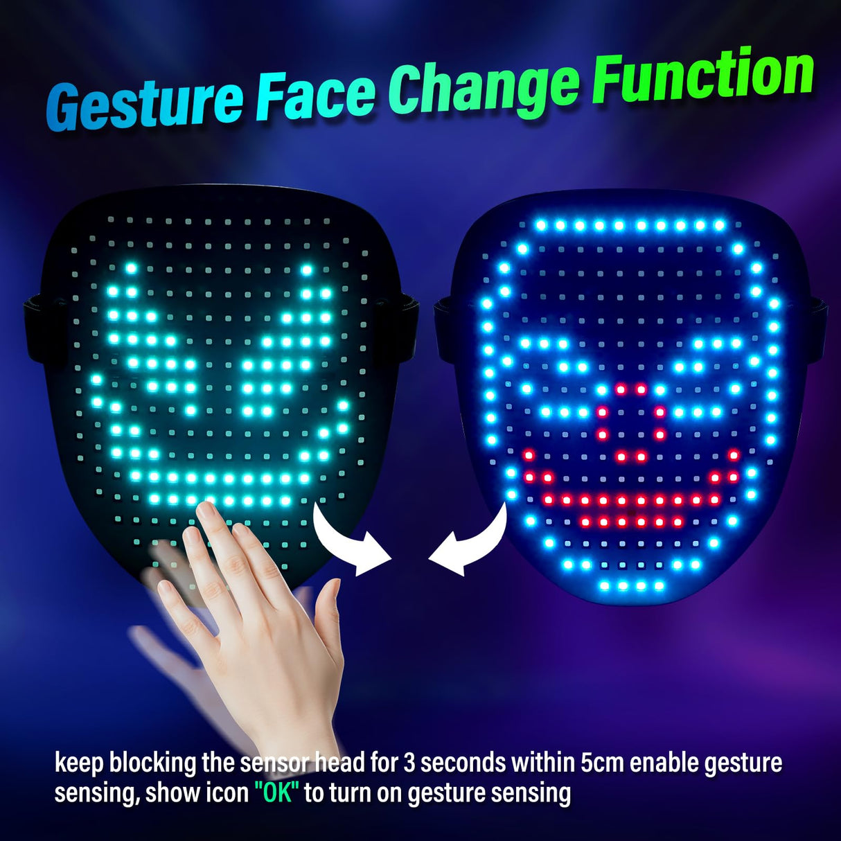 arscniek LED Face Mask with Gesture Control – Rechargeable Light Up Halloween Masks Costume for Adults & Kids, Glowing Transformable Cosplay Mask for Parties, Christmas, Concerts