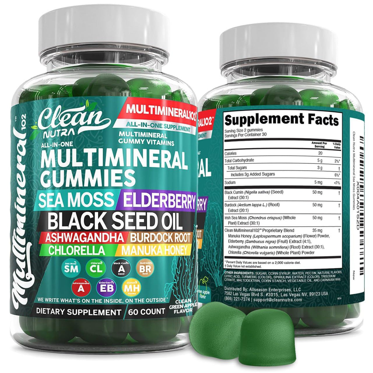 Sea Moss Gummies | Clinically Tested - Black Seed Oil Ashwagandha Elderberry Burdock Root Chlorella Manuka Honey - Vegan Irish Sea Moss Gummy Vitamins for Adults Kids Men Women - Green Apple Flavor