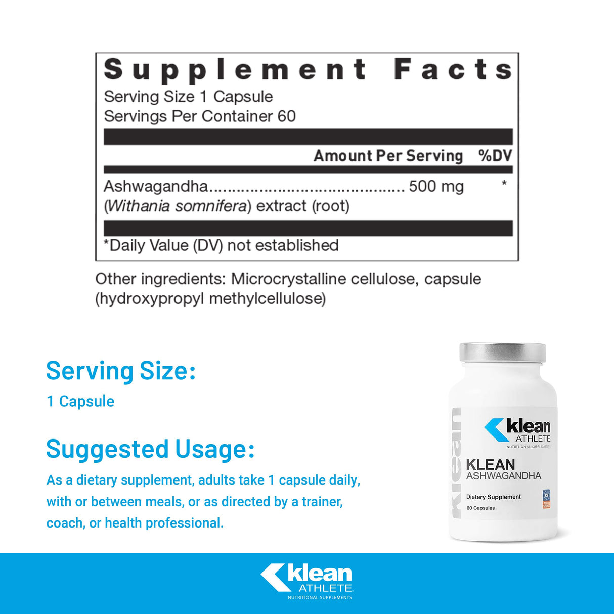 Klean Athlete Klean Ashwagandha - for Occasional Stress - Supports Adaptations to Training* - Adaptogen Blend - Vegan & Non GMO - 60 Capsules