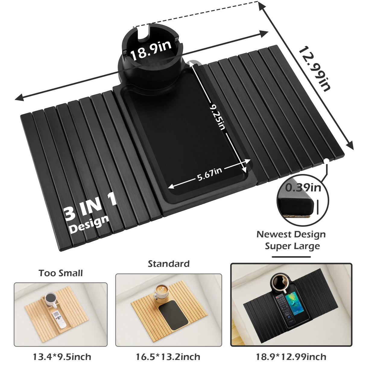 BAMBOOTRAY Couch Cup Holder Tray, 3 in 1 Large Couch Arm Table,Bamboo Sofa Clip on Tray Table with 360° Ratated Phone Holder for Couch,Armrest Tray for Drink,Snacks,Remote,Phone