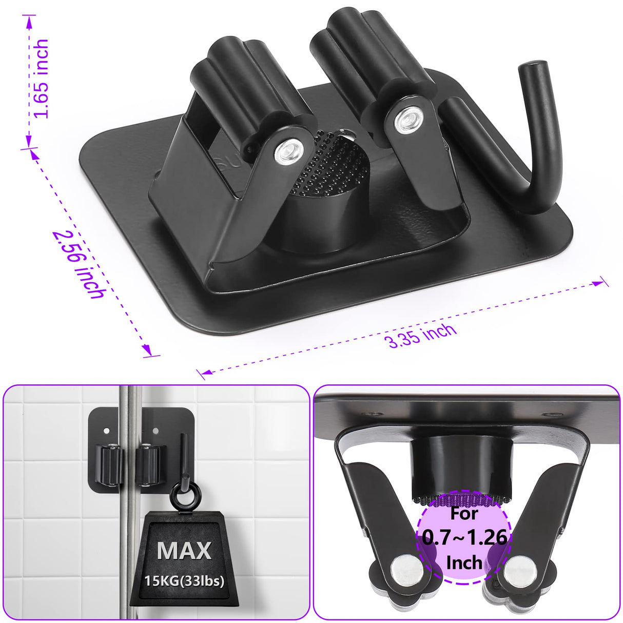 YUWANTING Stainless Steel Broom Holder, Heavy Duty, Rust Resistant, 4 Gripper Positions with 4 Hooks, Black