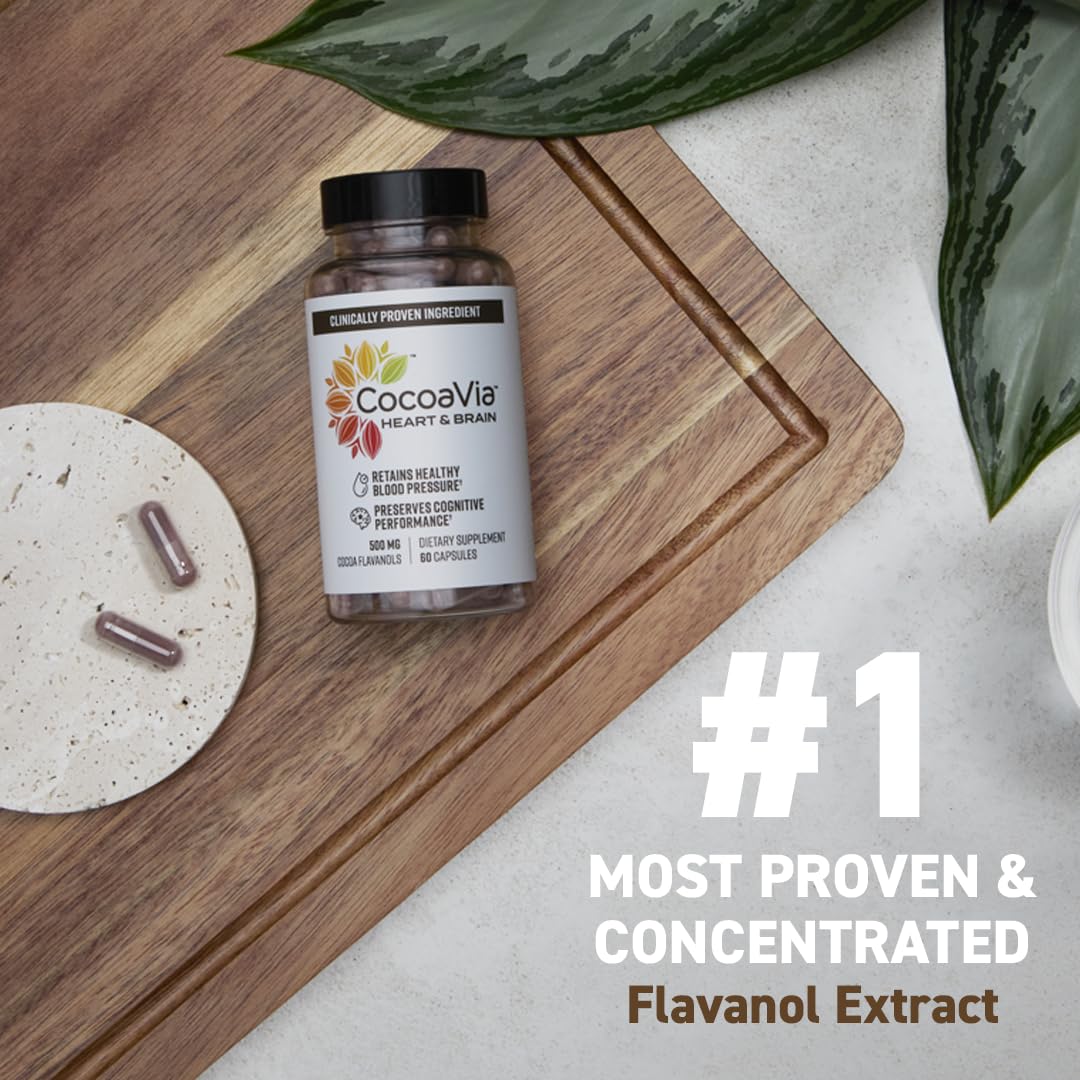 CocoaVia Heart & Brain Supplement, 30 Day, Cocoa Flavanol Extract, Memory & Circulation Booster, Nitric Oxide, Boost Oxygen & Energy, Plant Based, Gluten Free, Vegan, 60 Capsules